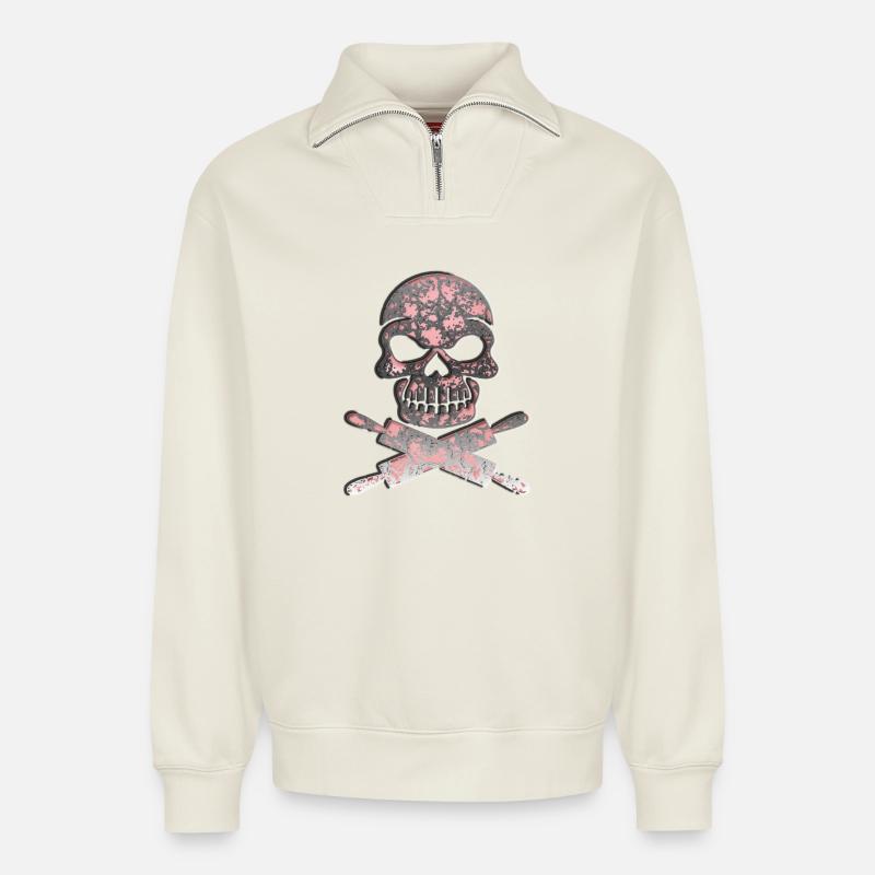 Schädel Totenkopf mit Teigrollen - Relaxed Unisex Organic Half Zip Sweatshirt – von SPREAD - Naturweiß