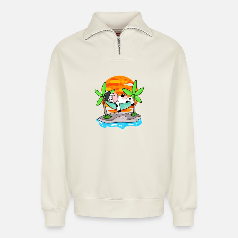 Vache sur la plage - Sweat unisexe décontracté en coton biologique à demi-zip – de SPREAD - blanc cassé