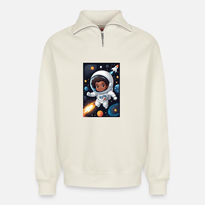 Weltraumkind mit Astronautenanzug - Relaxed Unisex Organic Half Zip Sweatshirt – von SPREAD - Naturweiß