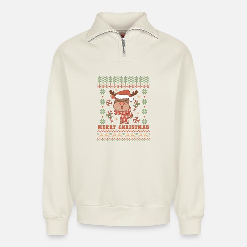 Pull de Noël moche - Sweat unisexe décontracté en coton biologique à demi-zip – de SPREAD - blanc cassé