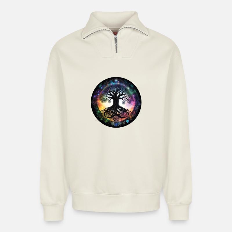 Wurzelbaum im Regenbogenkreis - Relaxed Unisex Organic Half Zip Sweatshirt – von SPREAD - Naturweiß