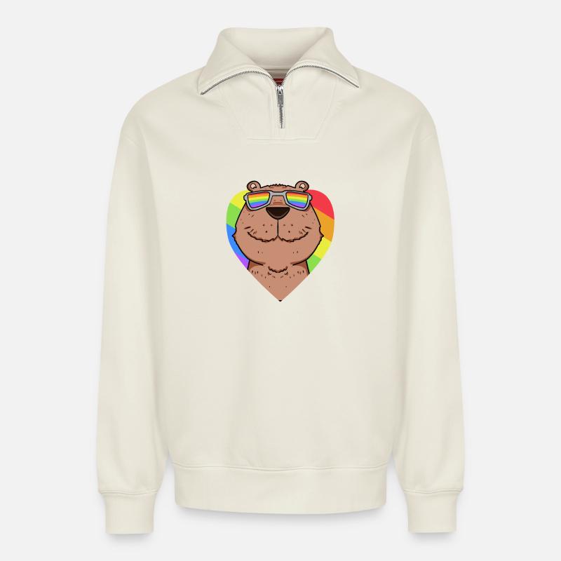 Capybara Wasserschwein Regenbogen - Relaxed Unisex Organic Half Zip Sweatshirt – von SPREAD - Naturweiß