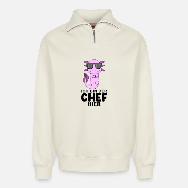 Chef Spruch mit Axolotl Motiv - Relaxed Unisex Organic Half Zip Sweatshirt – von SPREAD - Naturweiß