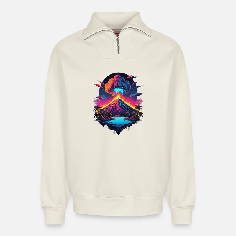Vulkan Ausbruch - Relaxed Unisex Organic Half Zip Sweatshirt – von SPREAD - Naturweiß