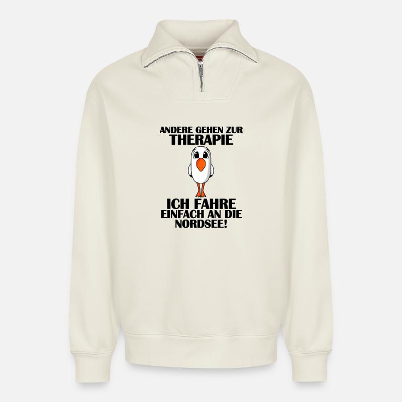 Nordsee Spruch - Relaxed Unisex Organic Half Zip Sweatshirt – von SPREAD - Naturweiß