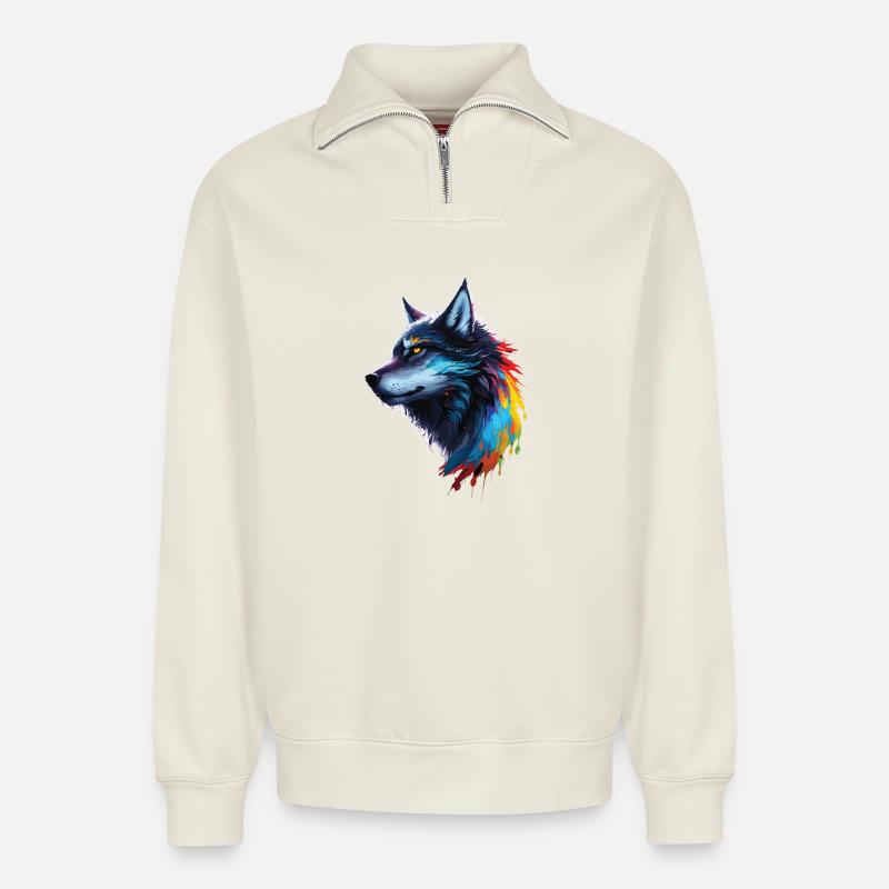 Loup aquarelle arcenciel éclaboussé - Sweat unisexe décontracté en coton biologique à demi-zip – de SPREAD - blanc cassé