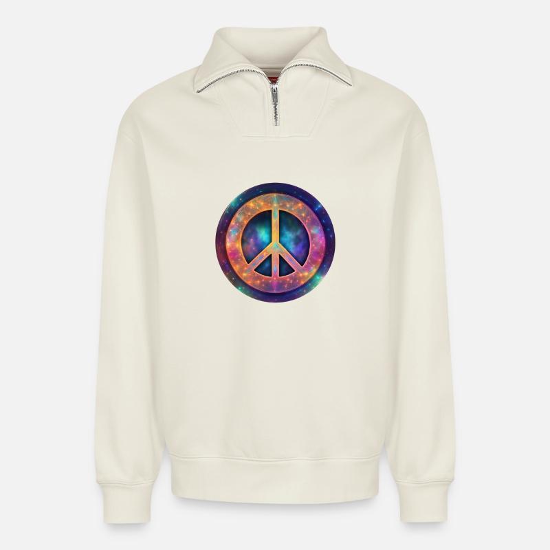 Kosmisches Friedenszeichen - Relaxed Unisex Organic Half Zip Sweatshirt – von SPREAD - Naturweiß