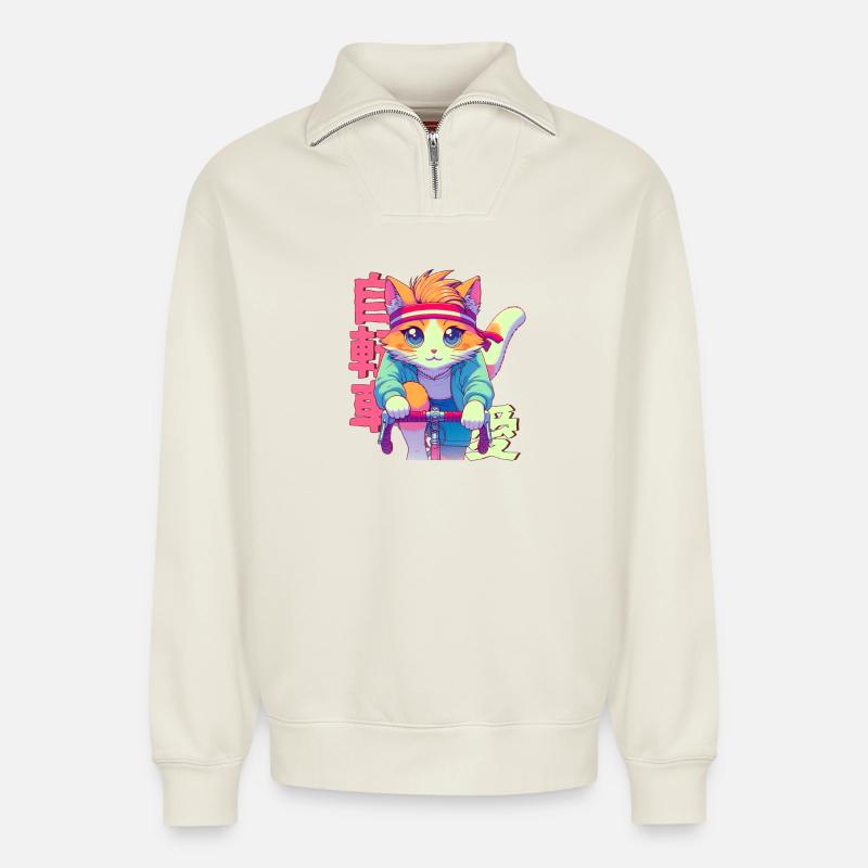 Radfahrender Anime Katze Neko - Relaxed Unisex Organic Half Zip Sweatshirt – von SPREAD - Naturweiß