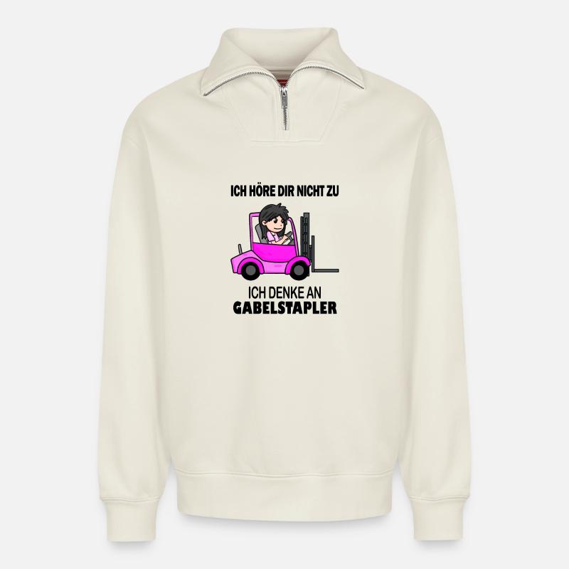 Staplerfahrerin Gabelstapler Lager Logistik Damen - Relaxed Unisex Organic Half Zip Sweatshirt – von SPREAD - Naturweiß