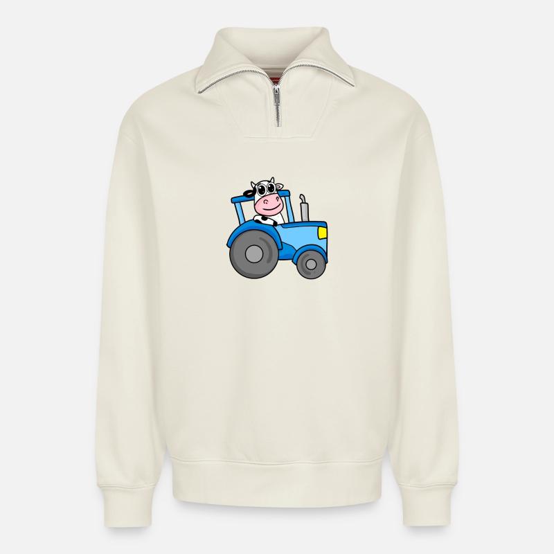 Kuh Traktor Bauernhof - Relaxed Unisex Organic Half Zip Sweatshirt – von SPREAD - Naturweiß