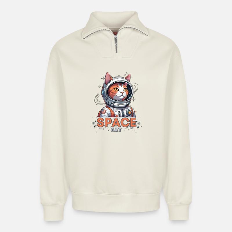 Astronaute Chat de l’Espace - Sweat unisexe décontracté en coton biologique à demi-zip – de SPREAD - blanc cassé