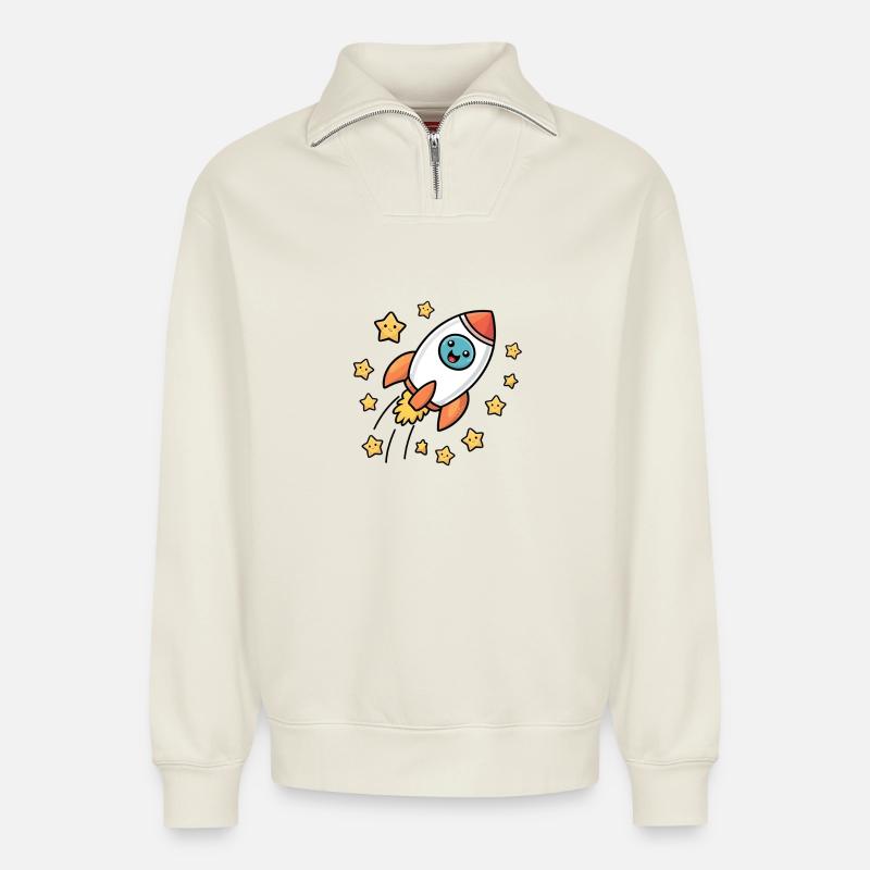 Fusée drôle pour enfants - Sweat unisexe décontracté en coton biologique à demi-zip – de SPREAD - blanc cassé