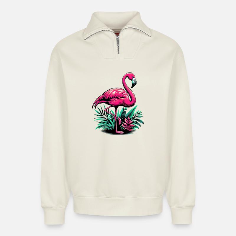 Flamant - Sweat unisexe décontracté en coton biologique à demi-zip – de SPREAD - blanc cassé