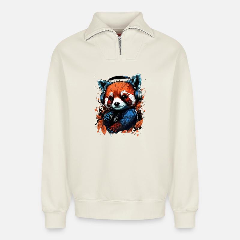 Panda roux mélomane mignon - Sweat unisexe décontracté en coton biologique à demi-zip – de SPREAD - blanc cassé