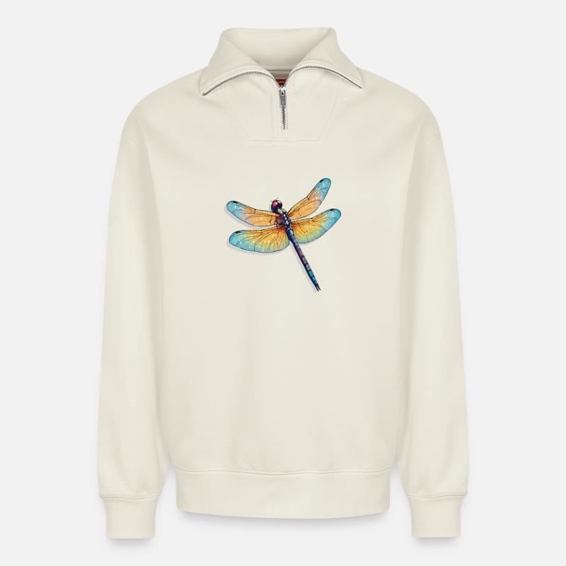 Farbenprächtige Libelle Illustration - Relaxed Unisex Organic Half Zip Sweatshirt – von SPREAD - Naturweiß