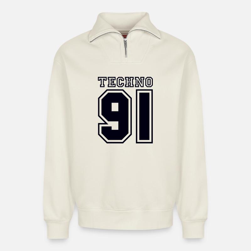 TECHNO 91 - Sweat unisexe décontracté en coton biologique à demi-zip – de SPREAD - blanc cassé
