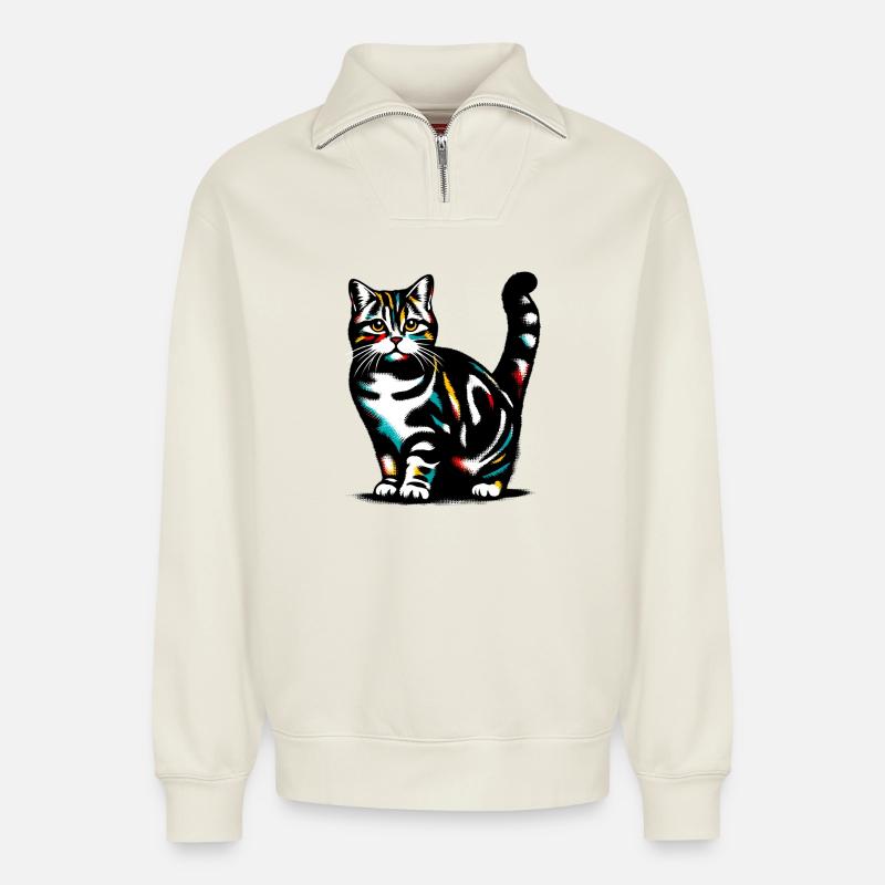Chat - Sweat unisexe décontracté en coton biologique à demi-zip – de SPREAD - blanc cassé