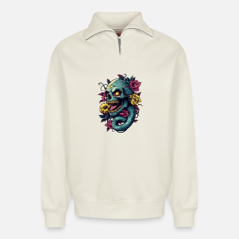 Skull and Snake - Relaxed Unisex Organic Half Zip Sweatshirt – von SPREAD - Naturweiß