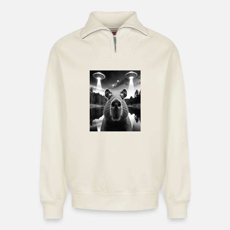 Alien Visuals and Mysterious Bison - Relaxed Unisex Organic Half Zip Sweatshirt – by SPREAD - off white