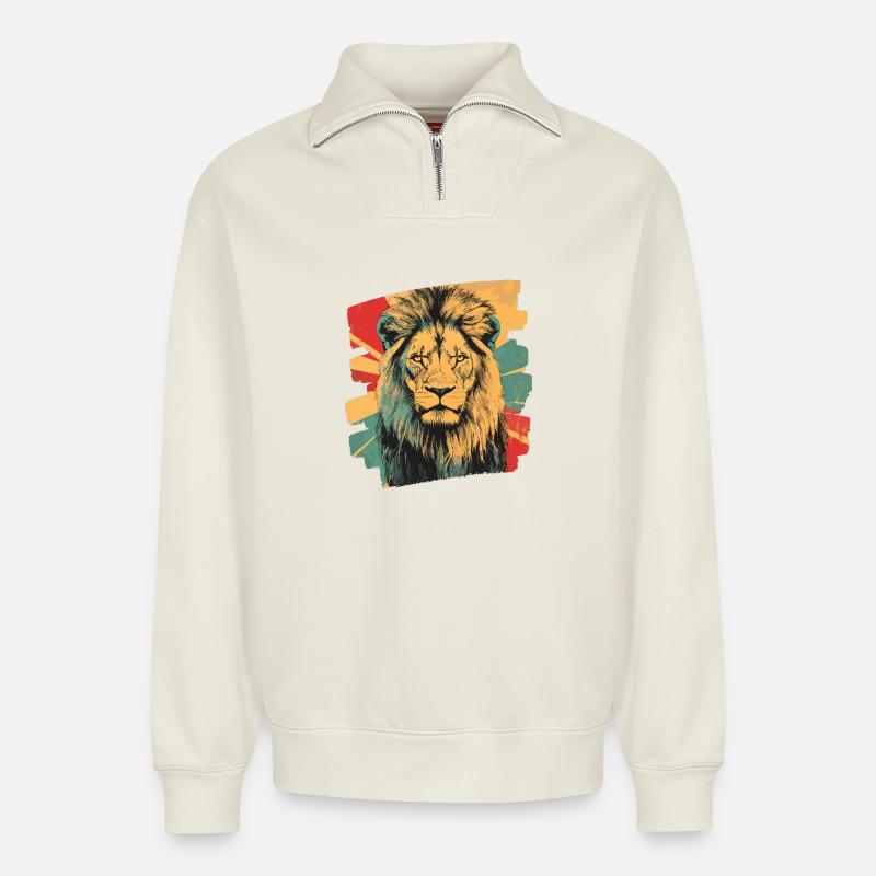 Löwe Retro - Relaxed Unisex Organic Half Zip Sweatshirt – von SPREAD - Naturweiß