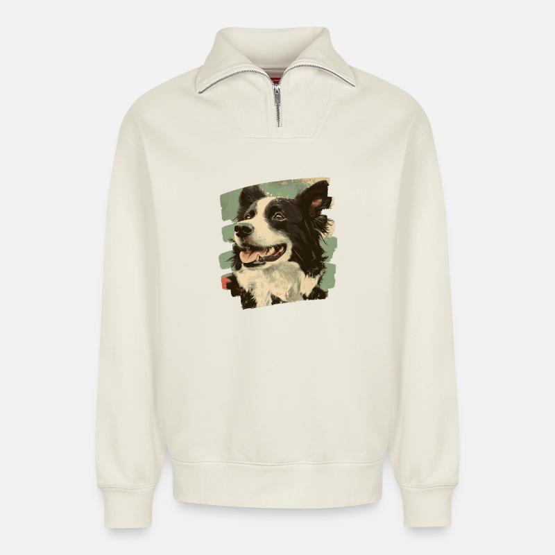 Border Collie - Relaxed Unisex Organic Half Zip Sweatshirt – von SPREAD - Naturweiß