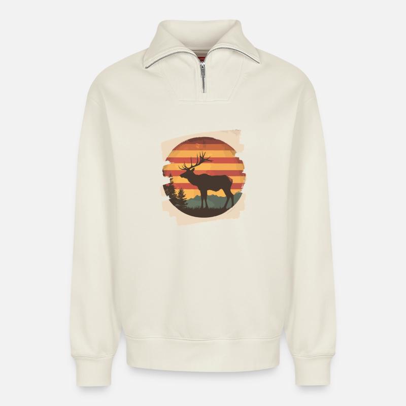 Elch Retro - Relaxed Unisex Organic Half Zip Sweatshirt – von SPREAD - Naturweiß