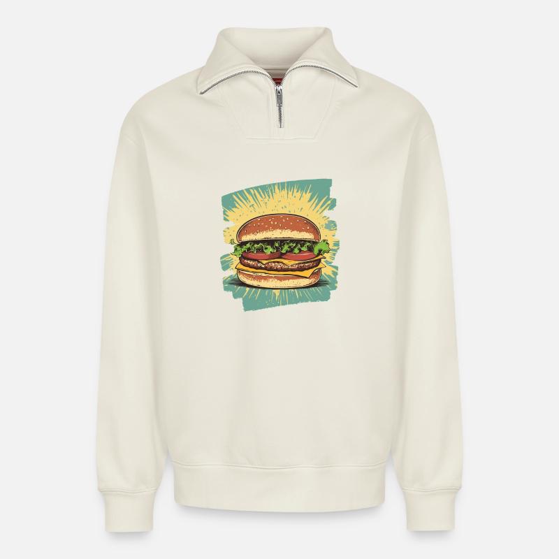 Burger Retro - Relaxed Unisex Organic Half Zip Sweatshirt – von SPREAD - Naturweiß