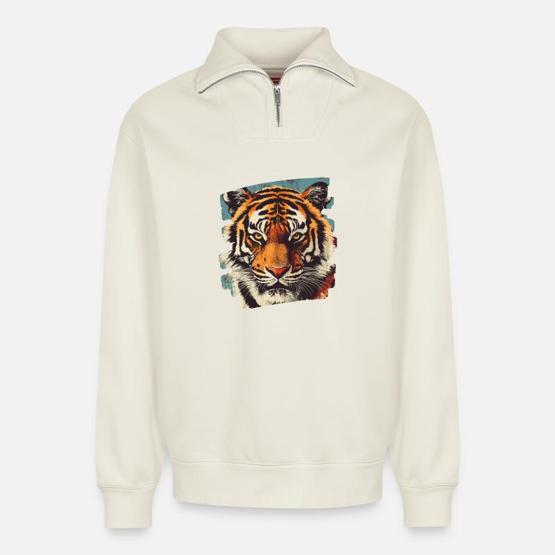 Tiger Retro - Relaxed Unisex Organic Half Zip Sweatshirt – von SPREAD - Naturweiß