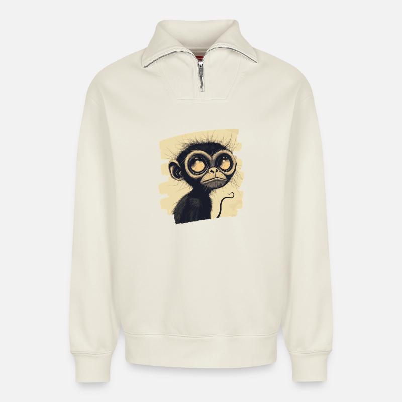 Singe - Sweat unisexe décontracté en coton biologique à demi-zip – de SPREAD - blanc cassé