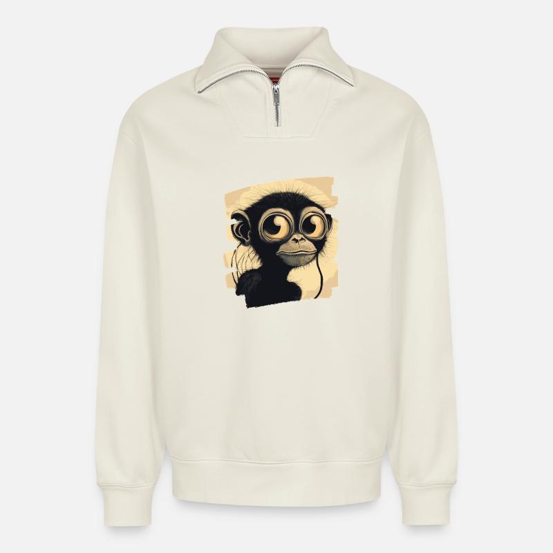 Monkey - Relaxed Unisex Organic Half Zip Sweatshirt – by SPREAD - off white