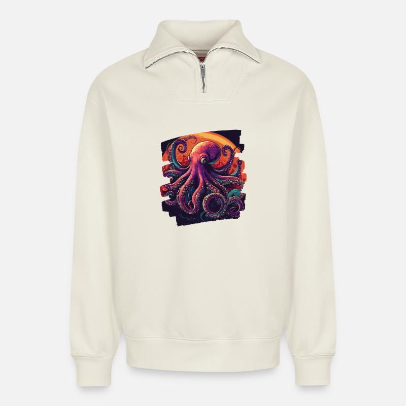 Pieuvre Pieuvre - Sweat unisexe décontracté en coton biologique à demi-zip – de SPREAD - blanc cassé