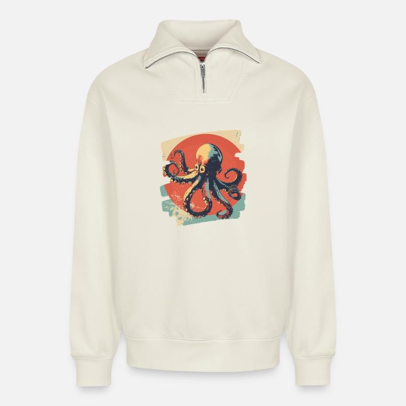 Kraken Oktopus Retro - Relaxed Unisex Organic Half Zip Sweatshirt – von SPREAD - Naturweiß