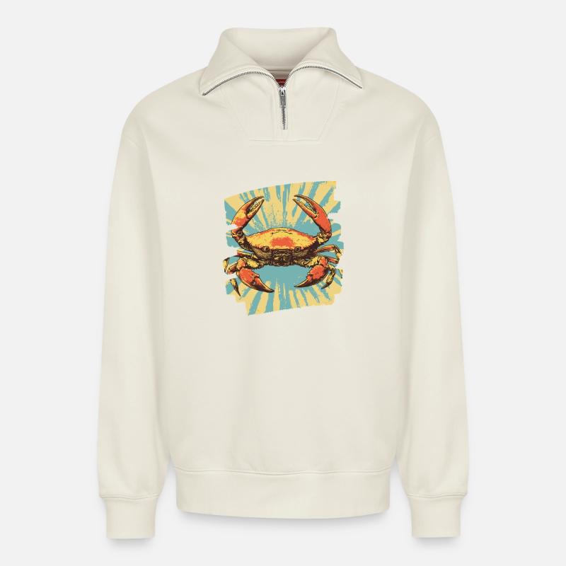 Crabe Rétro - Sweat unisexe décontracté en coton biologique à demi-zip – de SPREAD - blanc cassé
