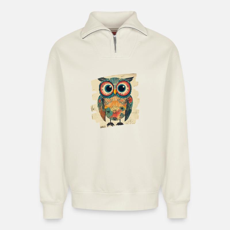 Eule - Relaxed Unisex Organic Half Zip Sweatshirt – von SPREAD - Naturweiß