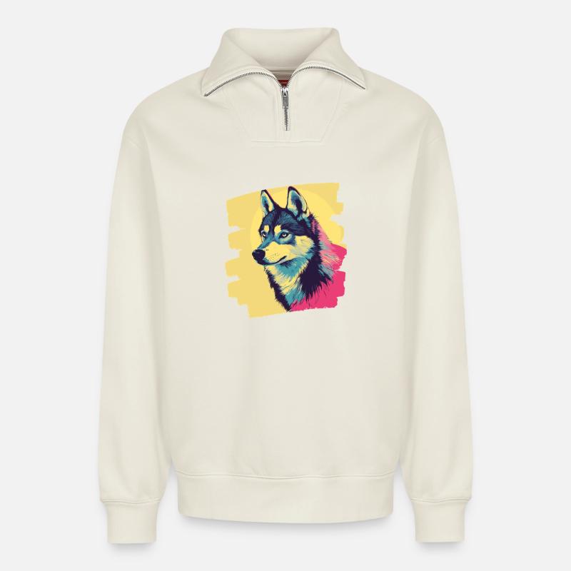 Rauque - Sweat unisexe décontracté en coton biologique à demi-zip – de SPREAD - blanc cassé