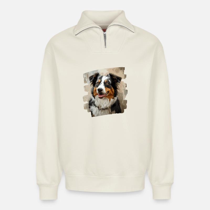 Berger australien - Sweat unisexe décontracté en coton biologique à demi-zip – de SPREAD - blanc cassé
