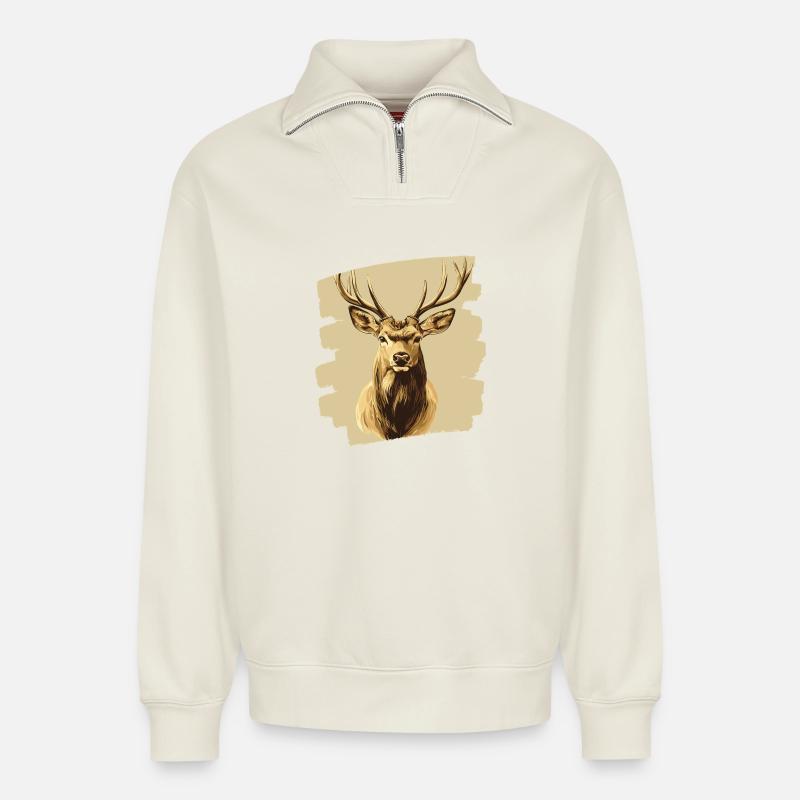 Cerf avec bois - Sweat unisexe décontracté en coton biologique à demi-zip – de SPREAD - blanc cassé