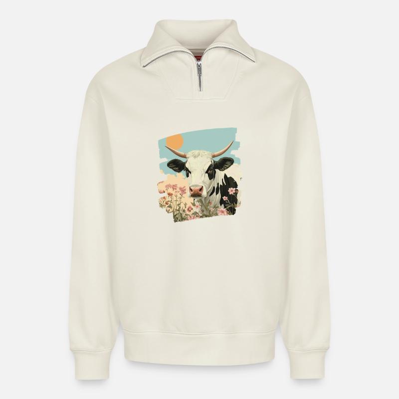 Kuh Bauer - Relaxed Unisex Organic Half Zip Sweatshirt – von SPREAD - Naturweiß