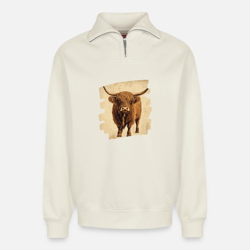 Schottisches Hochlandrind - Relaxed Unisex Organic Half Zip Sweatshirt – von SPREAD - Naturweiß