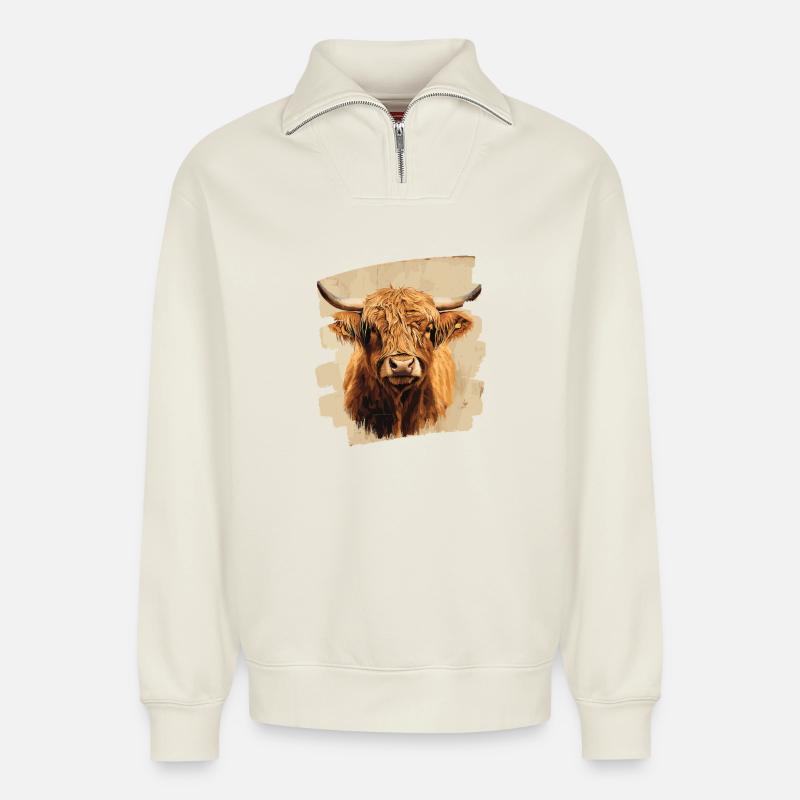 Schottisches Hochlandrind - Relaxed Unisex Organic Half Zip Sweatshirt – von SPREAD - Naturweiß