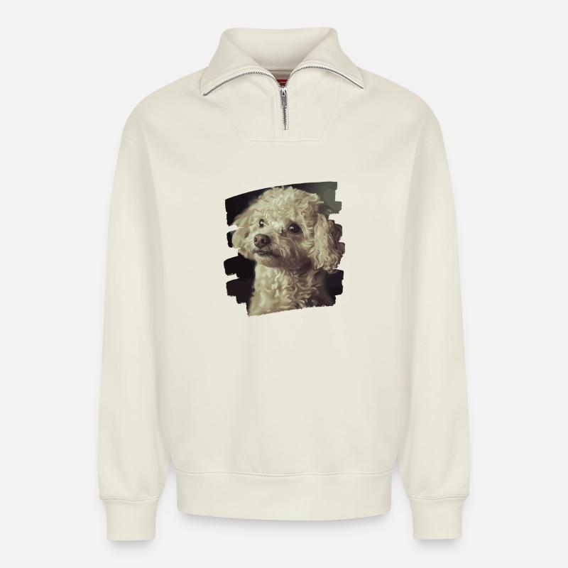 Caniche - Sweat unisexe décontracté en coton biologique à demi-zip – de SPREAD - blanc cassé