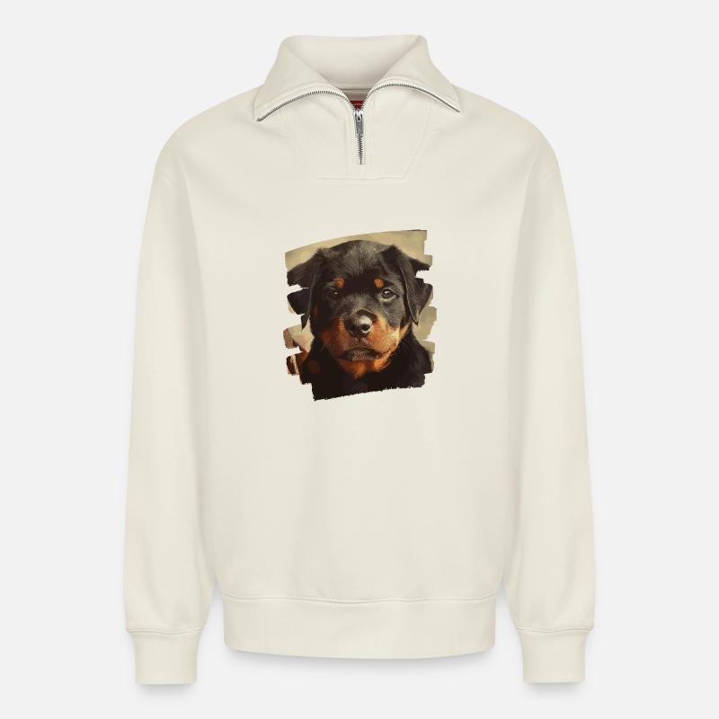 Rottweiler - Sweat unisexe décontracté en coton biologique à demi-zip – de SPREAD - blanc cassé