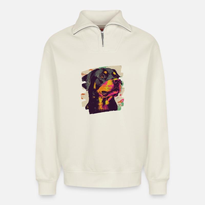 Rottweiler - Sweat unisexe décontracté en coton biologique à demi-zip – de SPREAD - blanc cassé