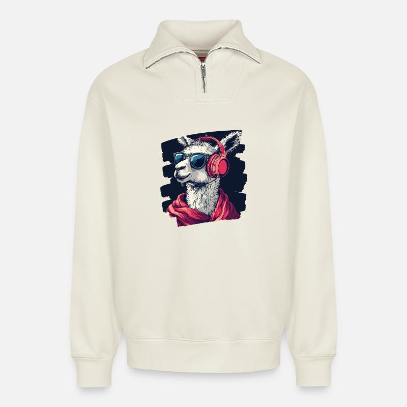 Casque Llama - Sweat unisexe décontracté en coton biologique à demi-zip – de SPREAD - blanc cassé