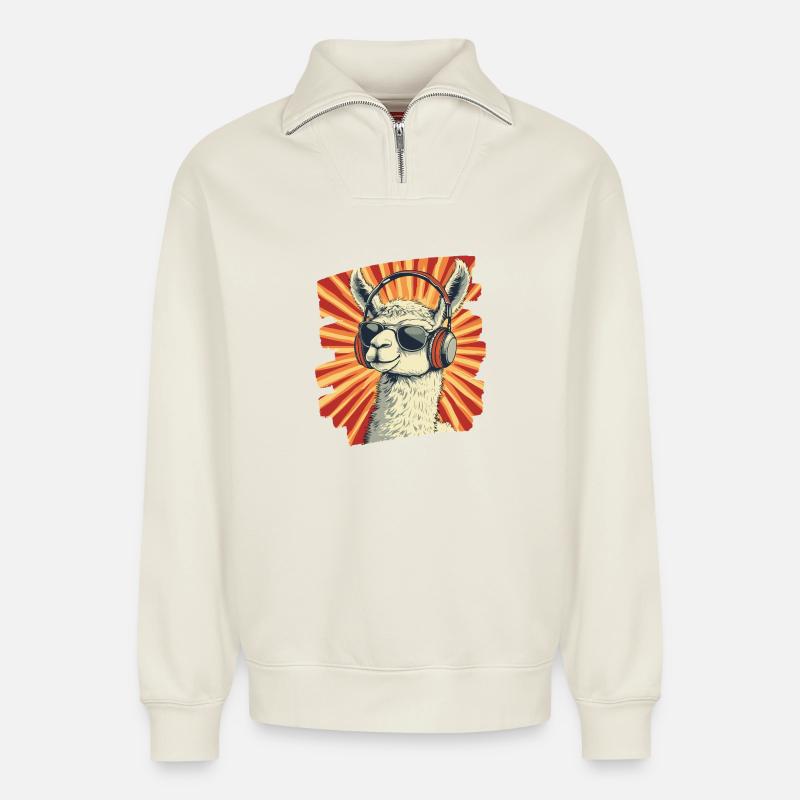 Lama Kopfhörer - Relaxed Unisex Organic Half Zip Sweatshirt – von SPREAD - Naturweiß