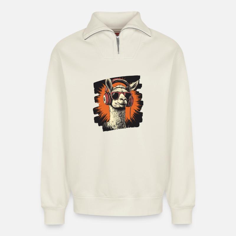 Lama Kopfhörer - Relaxed Unisex Organic Half Zip Sweatshirt – von SPREAD - Naturweiß