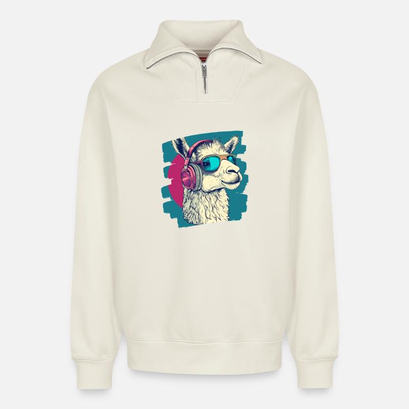 Lama Kopfhörer - Relaxed Unisex Organic Half Zip Sweatshirt – von SPREAD - Naturweiß