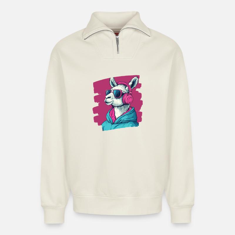 Lama Kopfhörer - Relaxed Unisex Organic Half Zip Sweatshirt – von SPREAD - Naturweiß