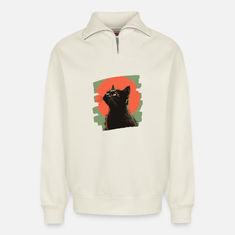Schwarze Katze - Relaxed Unisex Organic Half Zip Sweatshirt – von SPREAD - Naturweiß