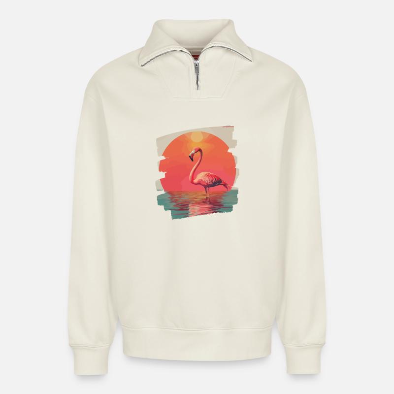 Flamant - Sweat unisexe décontracté en coton biologique à demi-zip – de SPREAD - blanc cassé